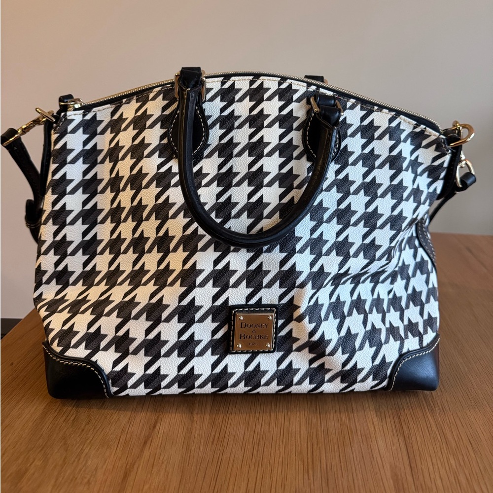 Dooney & Bourke Houndstooth Satchel | Black & White Canvas with Red Interior
